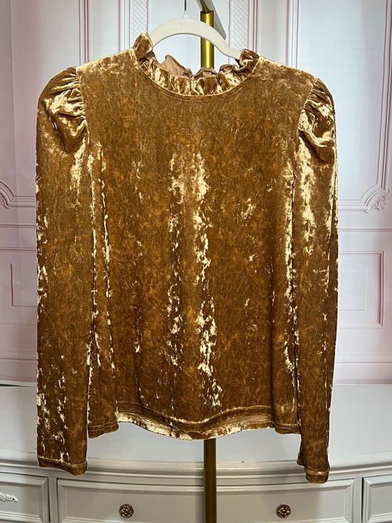 Tops - Gold Velvet Ruffle Neck Long Sleeve Shoulder Puff